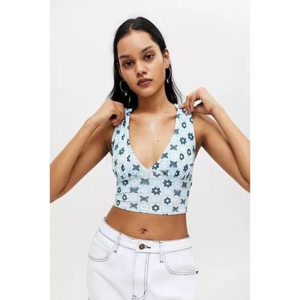 Urban Outfitters Blue Checkered Butterfly Floral Wrap Halter Crop Top Medium NWT